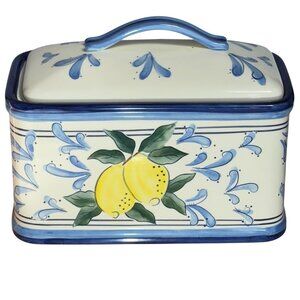 Inspirado By Stonelite Hand-Painted Ceramic Lemon Motif Bread Box With Lid